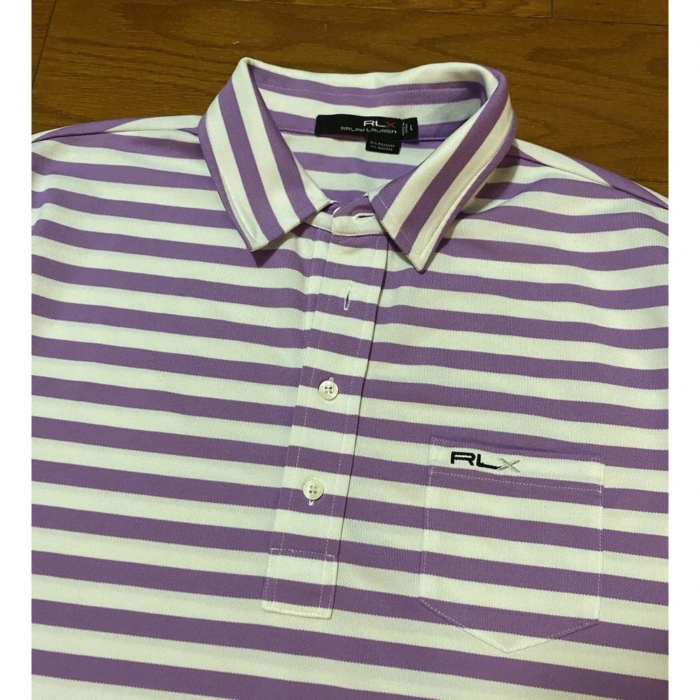 RLX Ralph Lauren Polo Shirt Mens Large Purple Striped Golf Performance Stretch